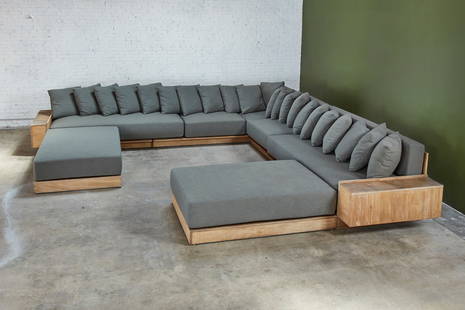 Shin Okuda, Large Custom Sectional Sofa: SHIN OKUDA Custom-made over-scale outdoor sectional sofa, 2023 Marine ply, high-performance fabric. Produced by Waka Waka, USA. Together with a custom fitted cover. 36" H x 194" W x