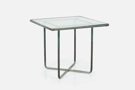 Walter Lamb, Side Table: WALTER LAMBSide table, 1950sTubular bronze, textured glass. Manufactured by Brown Jordan, USA. 22" H x 25.5" W x 25.5" D