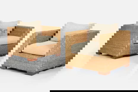 Adrien Audoux + Frida Minet Style, Club Chairs (2): ADRIEN ADOUX + FRIDA MINET STYLEPair of club chairs, late-20th centuryWoven sea grass, fabric, wood. Each: 33" H x 34.5" W x 35" DSeat height: 18"