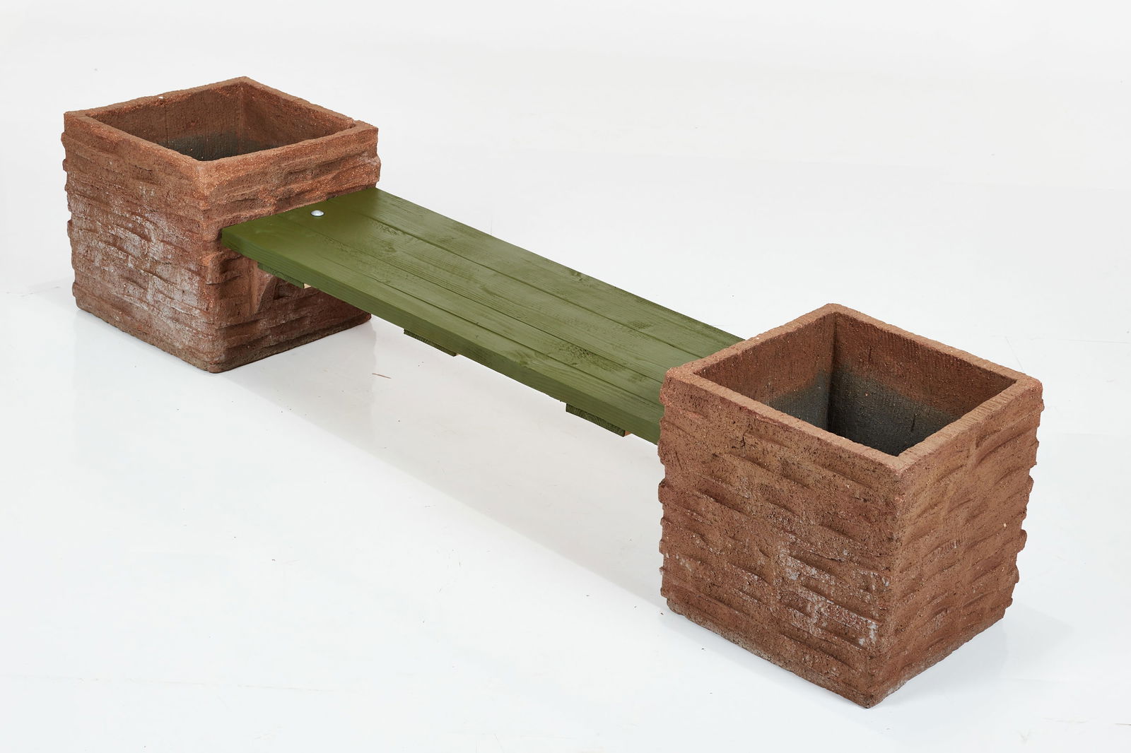 Hans Stumpf, Planter Bench: HANS STUMPFPlanter bench, late-20th CenturyStoneware, painted wood. Produced by Hans Stumpf Co., USA.Interior of each incised "HSC." 18.5" H x 86" W x 18.5" DSeat heigh