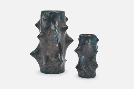 Knud Basse, 'Rose Thorn' Vases (2): KNUD BASSETwo &#39;Rose Thorn&#39; vases, model nos. 5974-3&nbsp;and 5974-2, ca. 1960Glazed earthenware. Manufactured by&nbsp;Michael Andersen &amp; Son, Denmark.&nbsp;Underside of each with manufactu