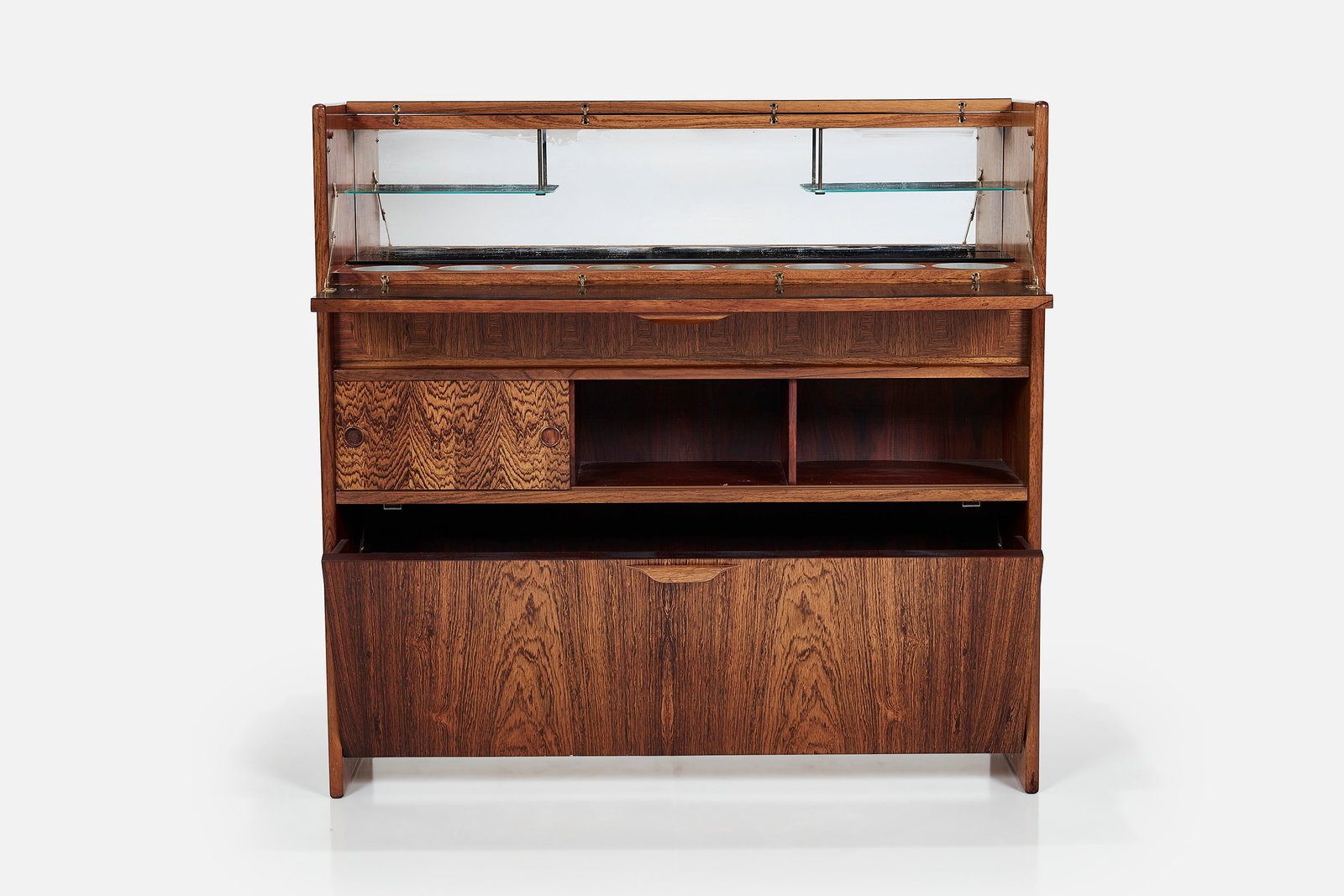 Johannes Andersen, Freestanding Bar: JOHANNES ANDERSENFreestanding bar, model no. SK661, ca. 1966Rosewood, mirrored glass, tubular steel, clear glass, colored glass, plastic. Manufactured by Skaaning & Son, Denmark. 44" H
