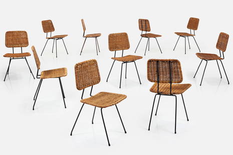 Dirk Van Sliedregt, Dining Chairs (10): DIRK VAN SLIEDREGTSet of 10 dining chairs, ca. 1960Lacquered metal rod, wicker. Manufactured by&nbsp;Rohe&nbsp;Noordwolde, The Netherlands.&nbsp; &nbsp; Each: 32.25&quot; H x 18&quot; W x 20&quot; DSe