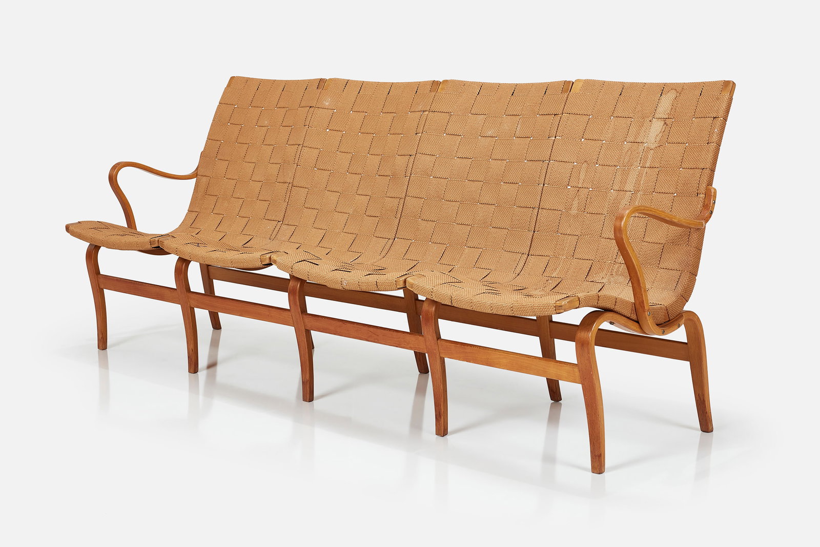 Bruno Mathsson, Rare 'Eva' Sofa: BRUNO MATHSSONRare 'Eva' sofa, ca. 1970Laminated steam-bent beech, canvas. Manufactured by Edvard Wilberg Mobelfabrikk, Sweden.Underside with manufacturer's decal. 33" H x 80.5