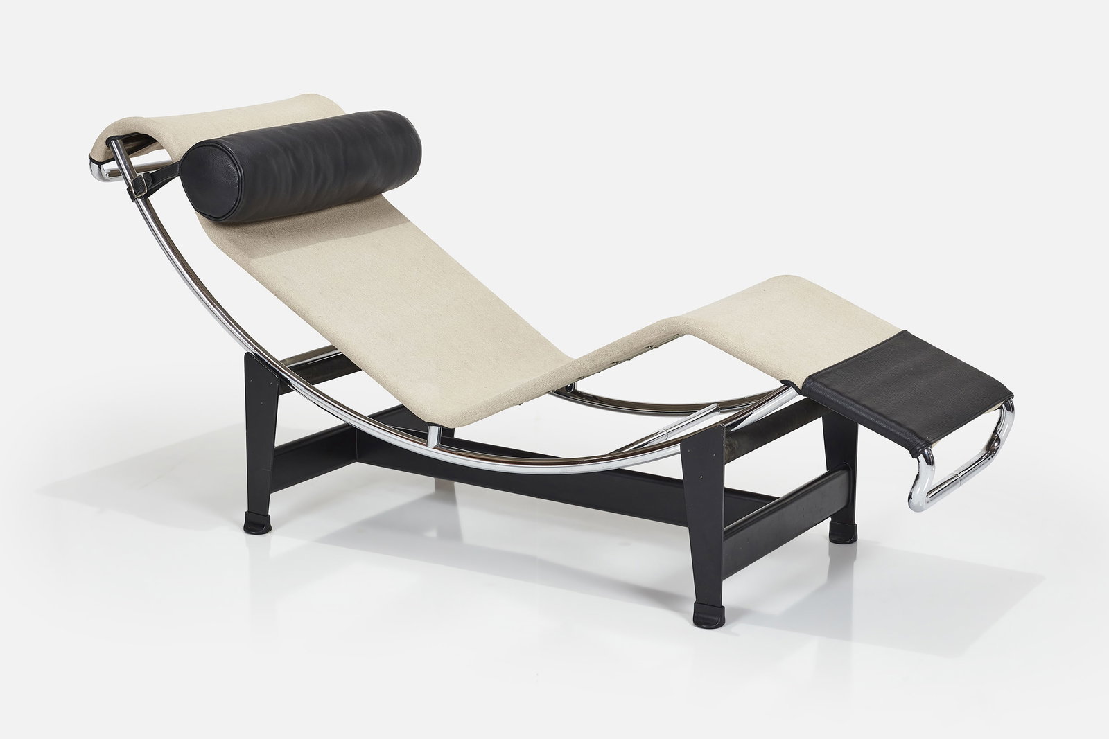 Perriand, Jeanneret + Le Corbusier, LC4 Chaise: CHARLOTTE PERRIAND, PIERRE JEANNERET + LE CORBUSIER LC4 chaise lounge, 2000s Canvas, leather, chrome-plated steel, enameled steel, rubber. Manufactured by Cassina, Italy. Base and frame with manufactu