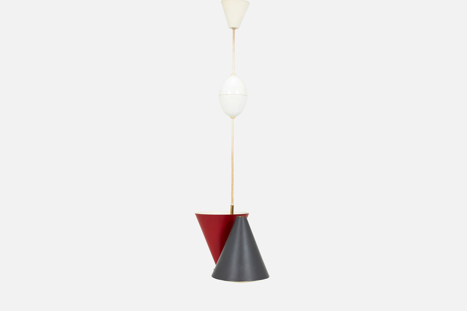 Svend Aage Holm-Sorensen, Double Pendant Lamp: SVEND AAGE HOLM-SORENSEN Double pendant light, ca. 1955 Enameled steel, brass, plastic. Manufactured by Lyfa, Denmark. 10" H x 7" W x 11.5" D Variable drop, 31" - 66"