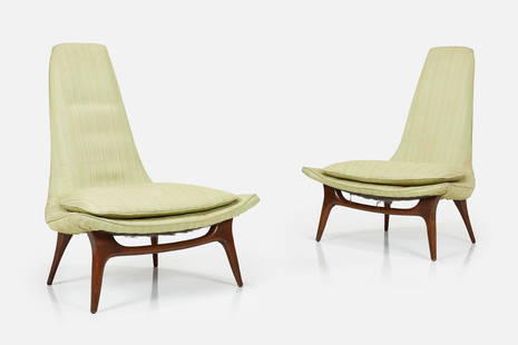 Karpen of California, Lounge Chairs (2): KARPEN OF CALIFORNIA Pair of high-back lounge chairs, 1960s Fabric, walnut. Manufactured by Karpen of California, USA. Each: 38.5" H x 34" W x 25" D Seat height: 17"