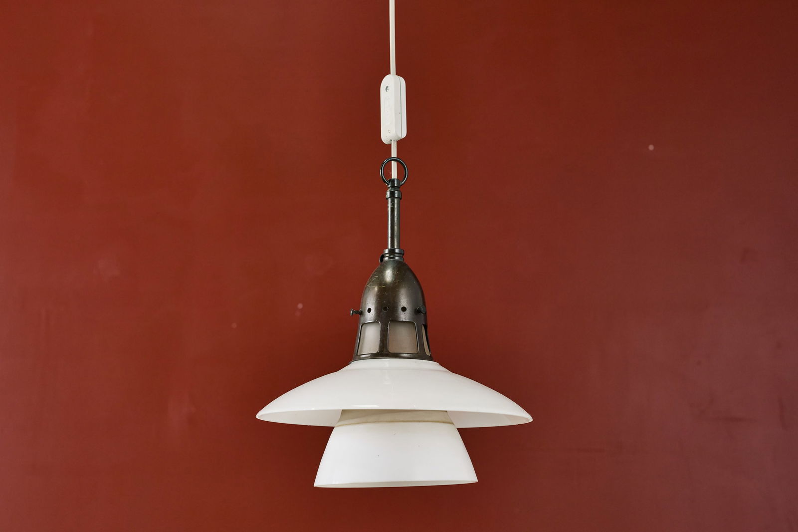 Lyfa, Pendant Lamp: LYFA Pendant lamp, 1930s Opaline glass, patinated metal. Manufactured by Lyfa, Denmark. 12.5" H x 11.5" Diameter