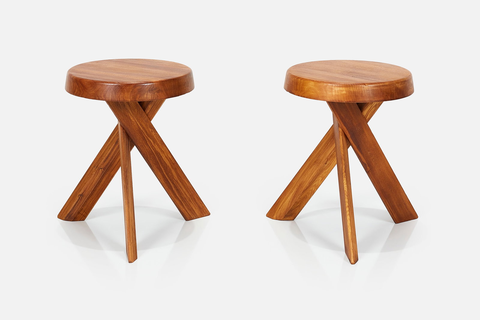 Pierre Chapo, Stools (2): PIERRE CHAPO Pair of stools, model no. S31, ca. 1974 Elm. Produced by Atelier Pierre Chapo, France. Each: 17.5" H x 19" Diameter