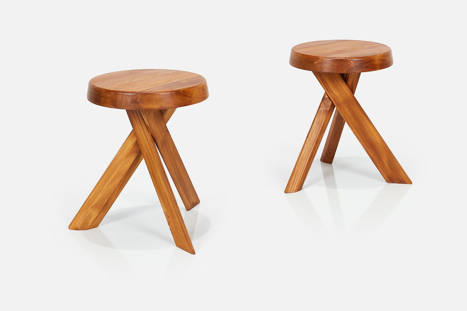 Pierre Chapo, Stools (2): PIERRE CHAPO Pair of stools, model no. S31, ca. 1974 Elm. Produced by Atelier Pierre Chapo, France. Each: 17.5" H x 19" Diameter