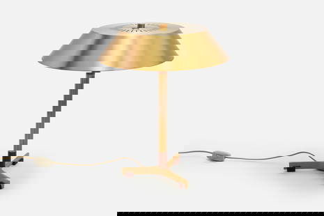 Jo Hammerborg, 'President' Table Lamp: JO HAMMERBORG 'President' table lamp, ca. 1965 Brass, teak. Manufactured by Fog and Morup, Denmark. 17.5" H x 14.5" Diameter
