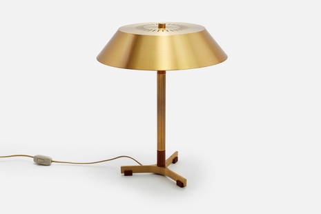 Jo Hammerborg, 'President' Table Lamp: JO HAMMERBORG &#39;President&#39; table lamp, ca. 1965 Brass, teak. Manufactured by Fog and Morup, Denmark. &nbsp; 17.5&quot; H x 14.5&quot; Diameter