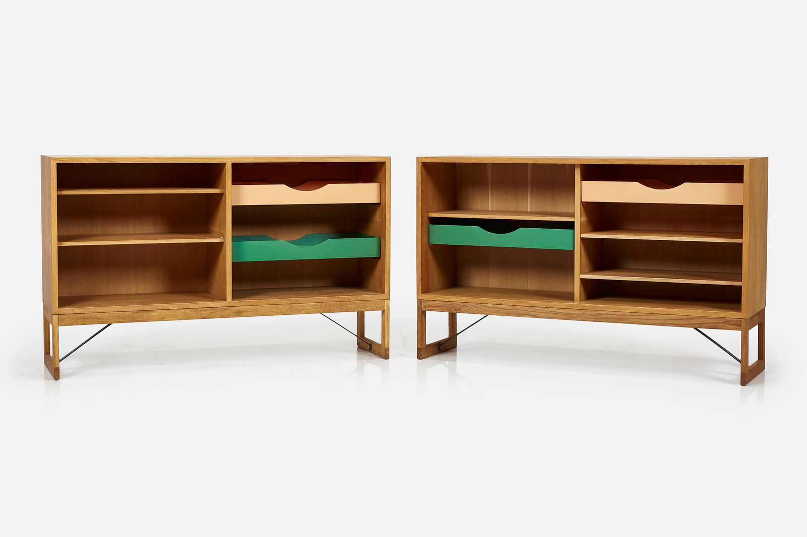 Borge Mogensen, Cabinets (2): BORGE MOGENSEN Pair of cabinets, ca. 1955 Teak, oak, lacquered wood, enameled steel. Manufactured by Karl Andersson & Soner, Denmark / Sweden. One example with manufacturer's sticker. &nb