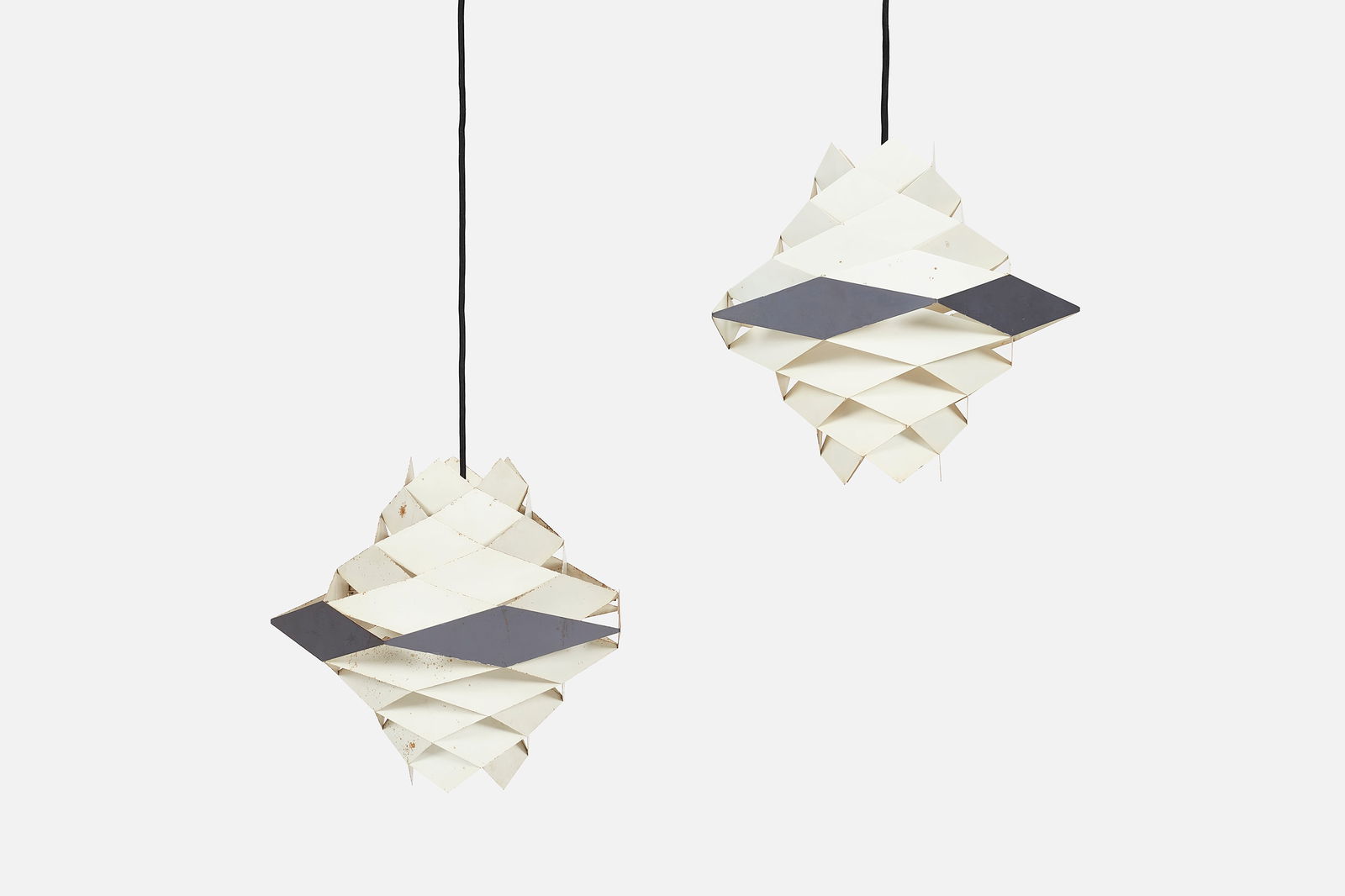 Preben Dahl, 'Symfoni' Pendant Lamps (2): PREBEN DAHL Pair of 'Symfoni' pendant lamps, 1962 Laquered metal. Produced by Hans Folsgaard A/S, Denmark. One with manufacturer's label. Each: 14" H x 14" W x 14&quo