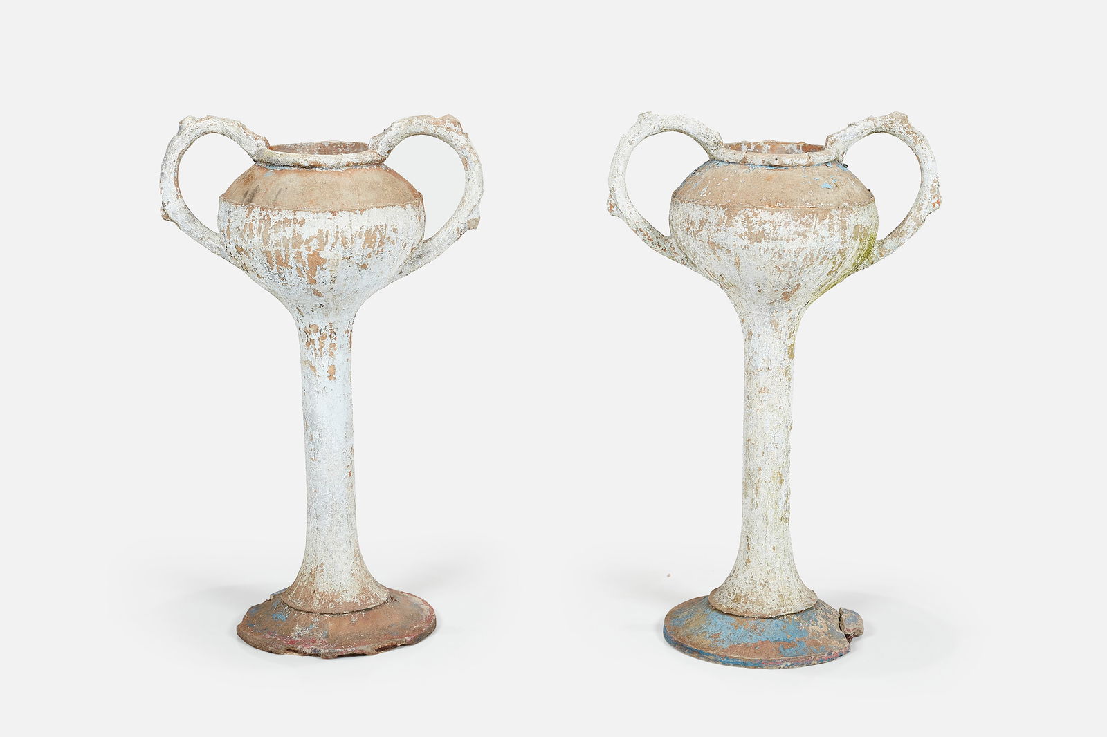 Rustic, Tall Urns (2): RUSTIC Pair of urns, early 20th century Painted concrete. Each: 47.5" H x 28" W x 17.5" D