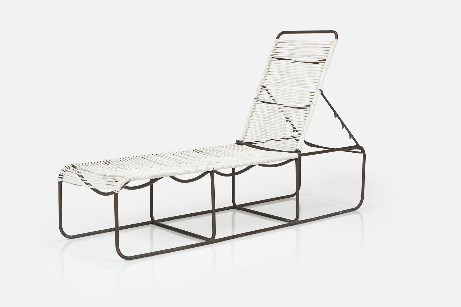 Kipp Stewart, Chaise Lounge: KIPP STEWART Adjustable chaise lounge, 1960s Tubular bronze, cotton rope. Manufactured by Terra, USA. 17.5" H x 76" W x 23.5" D