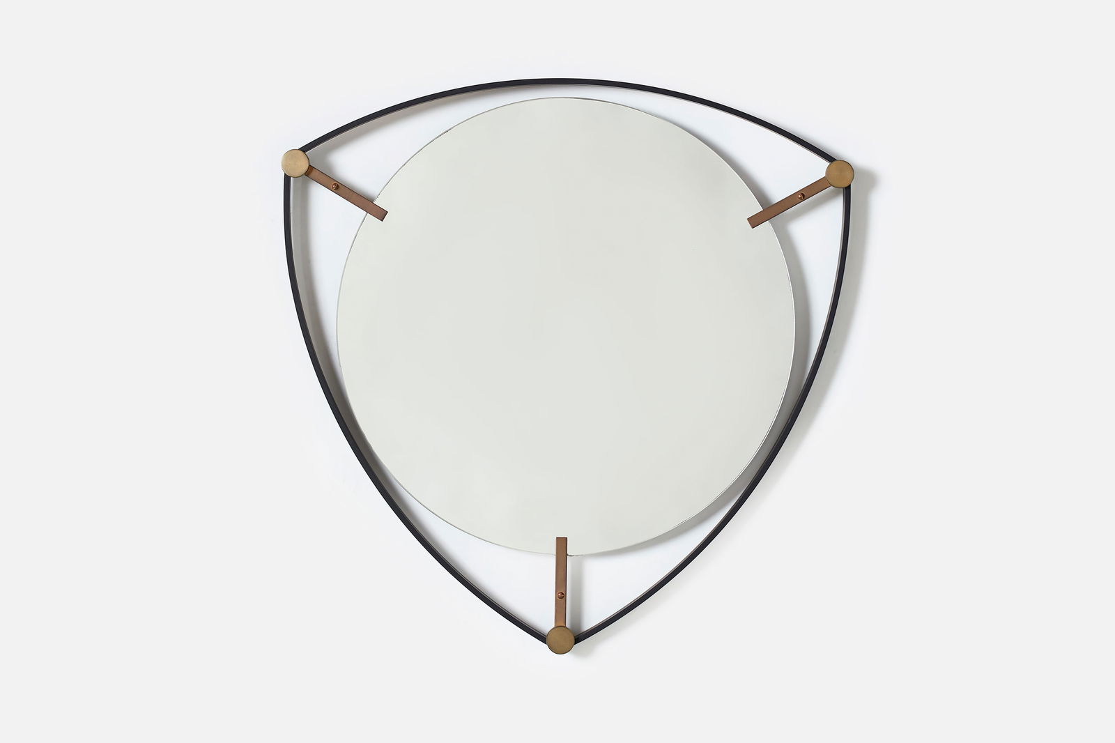 Contemporary, Triangular Mirror: CONTEMPORARY Triangular mirror, 2020s Bronzed finished steel, brass. Produced in Los Angeles, CA. 25" H x 25" W x 1.5" D 
