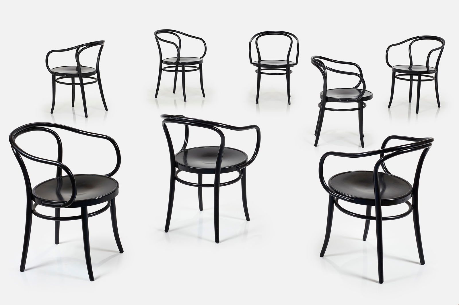 August Thonet, Armchairs (8): AUGUST THONET Set of eight armchairs, model no. 30, 21st century Lacquered bentwood, fabric. Manufactured by Ton, Czech Republic. Each with impressed mark and paper label. Each: 31" H