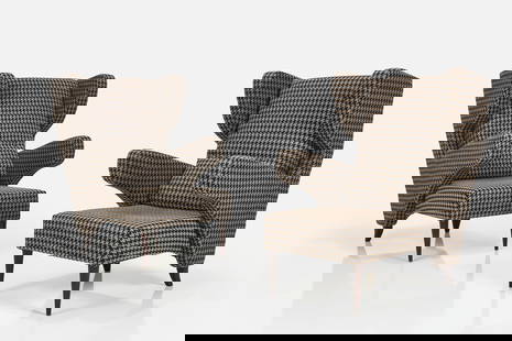 Melchiorre Bega Style, Lounge Chairs (2): MELCHIORRE BEGA STYLE Pair of lounge chairs, 2010s Fabric, stained wood. Made in Italy. Each: 41" H x 27" W x 34" D Seat height: 15"