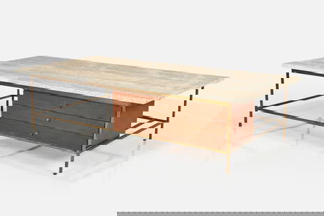Paul McCobb, Coffee Table: PAUL MCCOBB Coffee table, model no. 8705, ca. 1952 Travertine, mahogany, brass. Manufactured by Calvin Furniture Co., USA. Interior of top drawer with manufacturer's metal label. 16&q