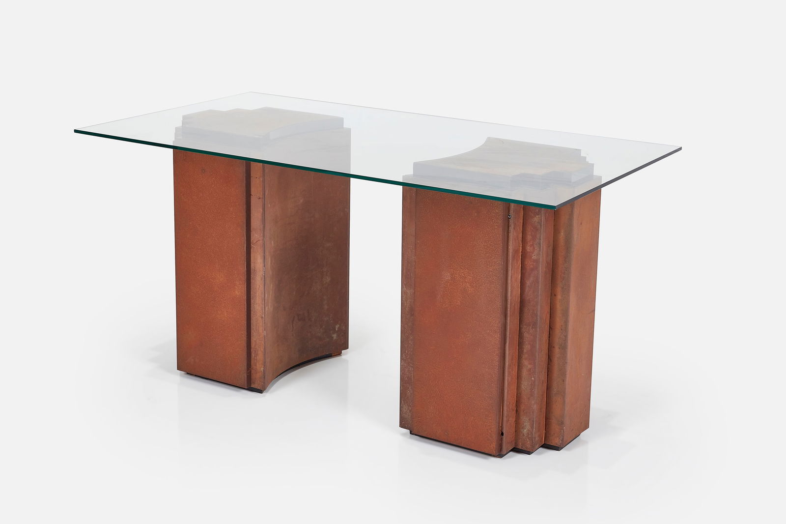 Christian Heckscher, Double Pedestal Desk: CHRISTIAN HECKSCHER Double pedestal desk, 2020s Patinated copper, wood, glass. Produced by Lift Design, USA. 28.5" H x 56" W x 30.5" D