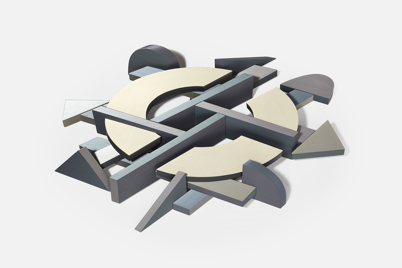 John Okulick, 'Rotunda' Wall Sculpture: JOHN OKULICK (American, b. 1947) 'Rotunda' wall sculpture, 1998 Painted wood. Signed, dated and titled verso. 43" H x 64" W x 6" D