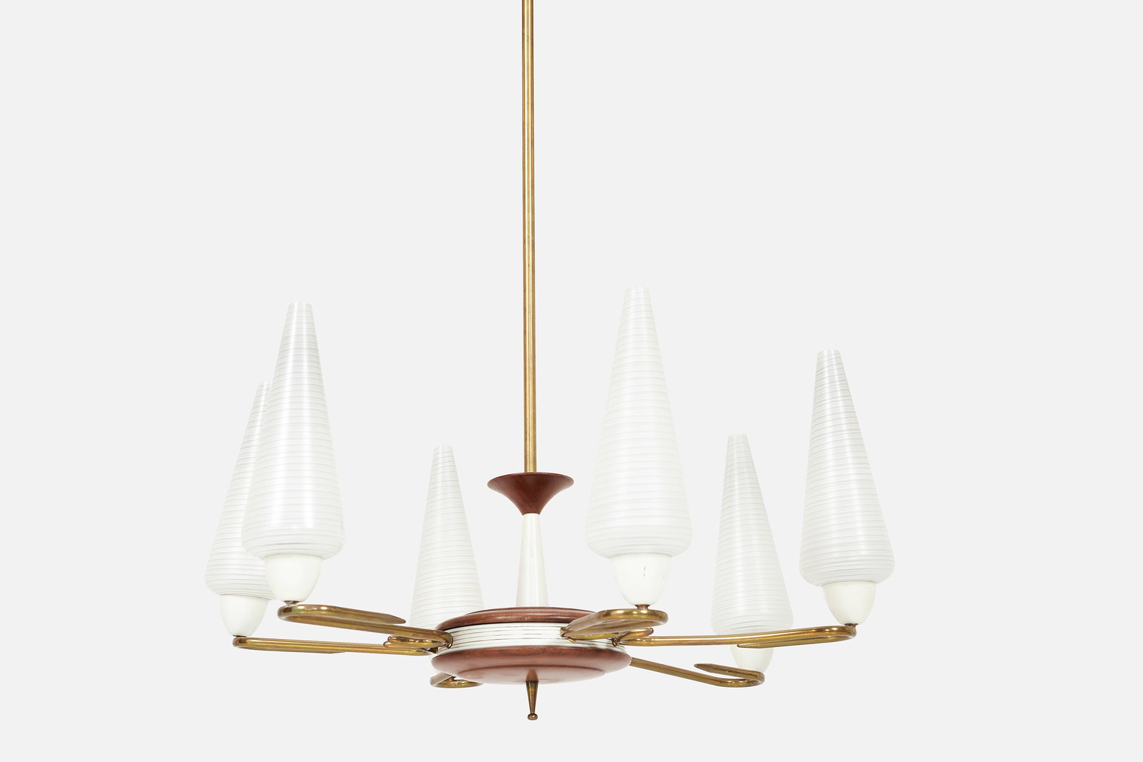 Italian, Six-Arm Chandelier: ITALIAN Six-arm chandelier, 1960s Brass, opaque glass, walnut, painted metal. 43.5" H x 28" Diameter