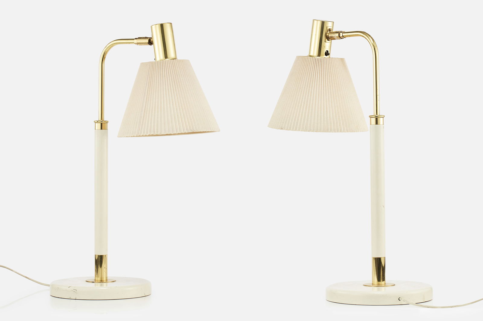 Karin Mobring + Tomas Jelinek, Table Lamps (2): KARIN MOBRING + TOMAS JELINEKPair of table lamps, 1960sLacquered wood, brass, fabric. Manufactured by IKEA, Sweden.Undersides with manufacturer's paper labels. Each: 24" H x 9" W