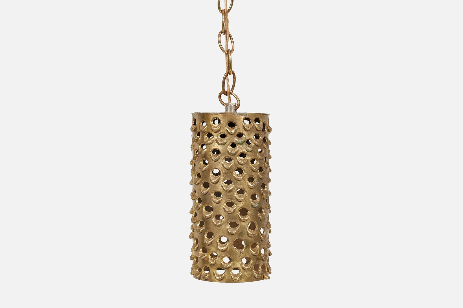 Pierre Forssell Style, Pendant Lamp: PIERRE FORSSELL STYLEPendant lamp, ca. 1976Painted openwork metal, brass. 9" H x 4.5" Diameter 