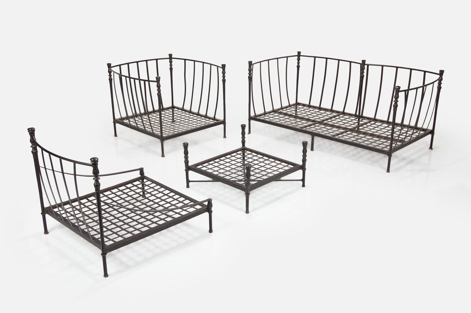 Michael Taylor, 'Montecito' Seating Set (5): MICHAEL TAYLOR'Montecito' seating set, 2000sPatinated aluminum, fabric. Manufactured by Michael Taylor Designs, USA. Sofa: 34" H x 68.5" W x 38" DLounge ch