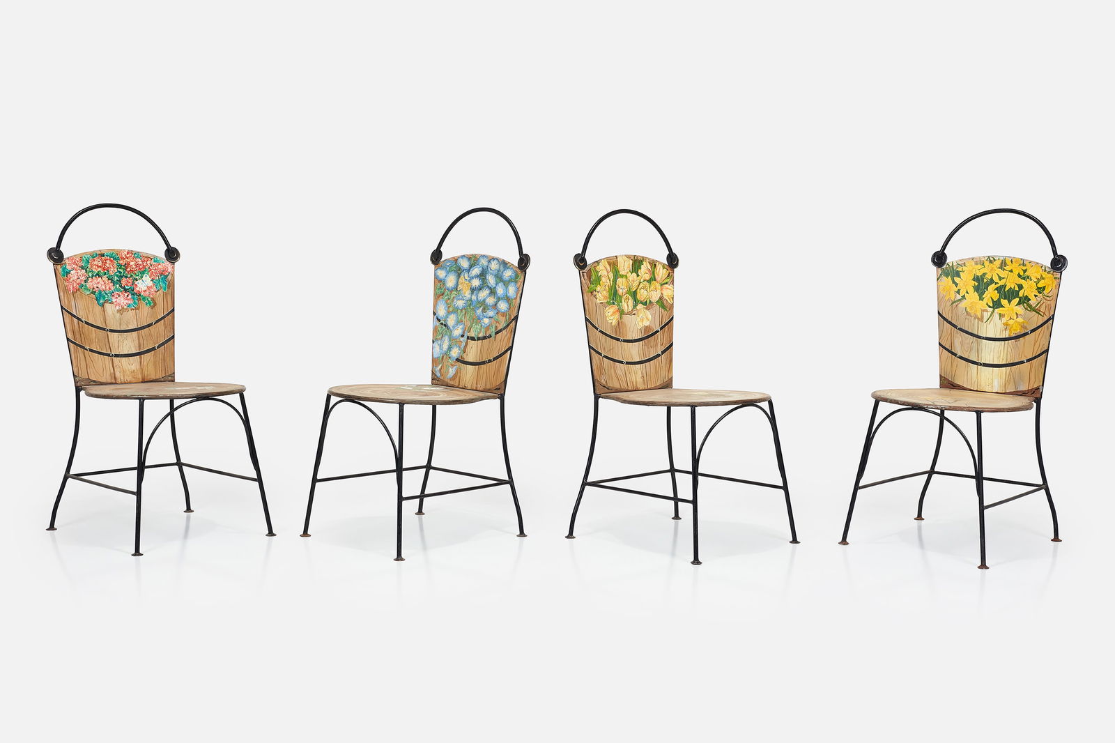 John Vesey, Tromp L'oeil Dining Chairs (4): JOHN VESEYSet of four trompe l'oeil dining chairs, 1960sHand-painted metal, lacquered steel. Made in the USA. Each: 37" H x 17.75" W x 19" DSeat height: 16.5"