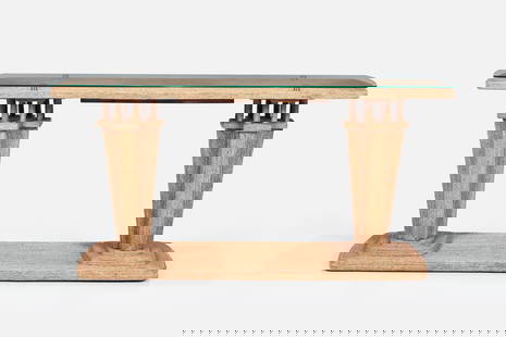 Christian Astuguevieille Style, Console Table: CHRISTIAN ASTUGUEVIELLEConsole table, 1990sWoven seagrass, glass, stainless steel. Manufactured by Century Furniture, USA. 31" H x 64" W x 18" D