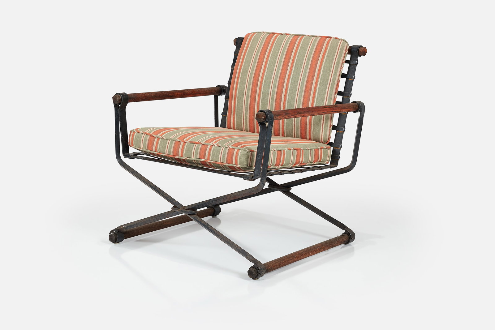Cleo Baldon, Low Lounge Chair: CLEO BALDONLow lounge chair, 1950sPainted wrought iron, oak, fabric. Manufactured by Terra, USA. 28.75" H x 26.75" W x 27" DSeat height: 17" 