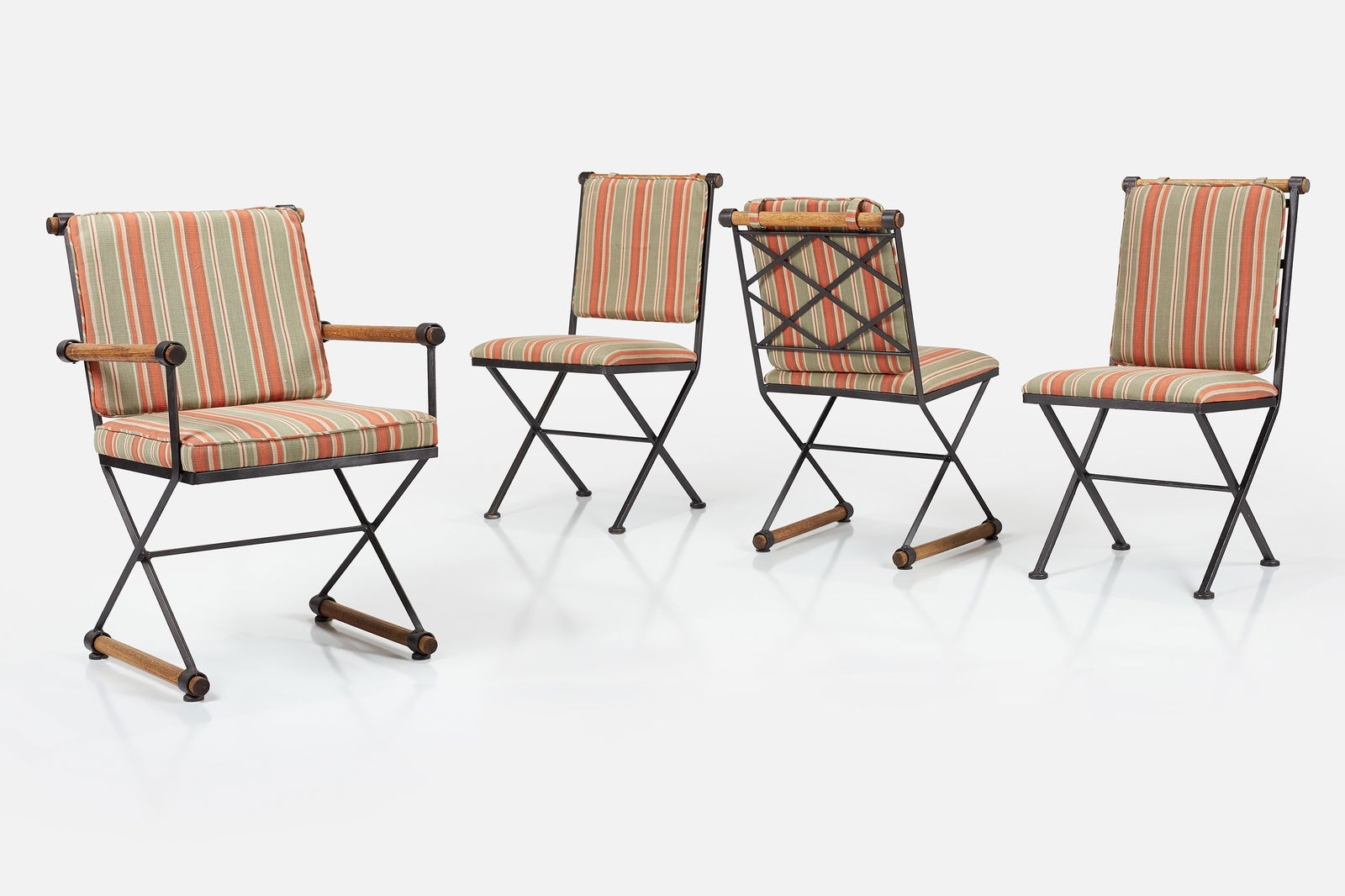 Cleo Baldon, Dining Chairs (4): CLEO BALDONSet of four dining chairs, 1970sPainted iron, oak, fabric. Manufactured by Terra, USA. Armchair: 32.5" H x 21.25" W x 22" DSeat height: 17"Arm height: 24"