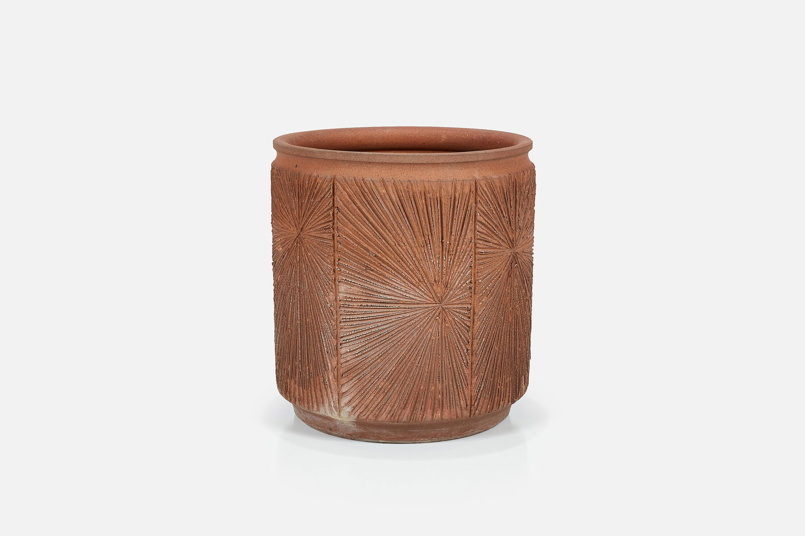 David Cressey + Robert Maxwell, 'Sunburst' Planter: DAVID CRESSEY + ROBERT MAXWELL'Sunburst' planter, ca. 1977Unglazed stoneware. Produced by Earthgender, USA. 19.5" H x 17.75" Diameter