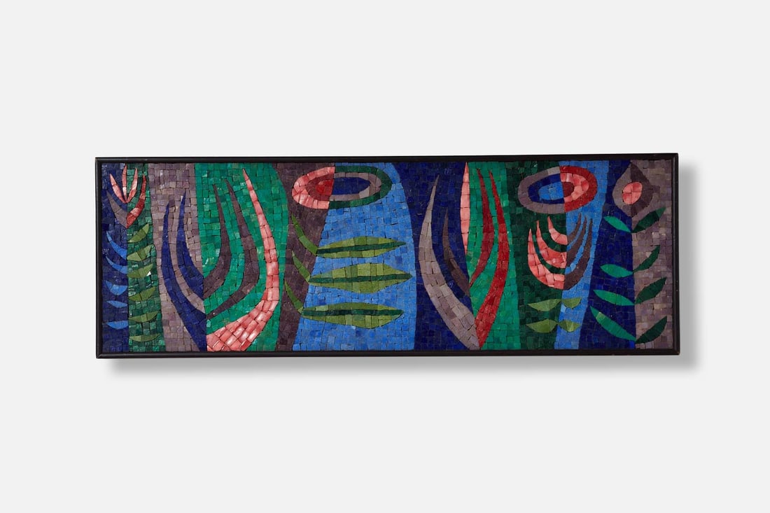 Evelyn Ackerman, 'In The Garden' Mosaic Panel: EVELYN ACKERMAN'In The Garden' mosaic panel, model no. 206, 1958Glass tile mounted on masonite. Produced for ERA Industries, USA. Overall: 12.75" H x 36.5" W x 1" D