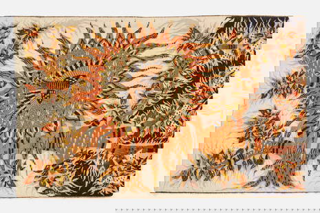 Michèle Ray, 'Jour et Nuit' Tapestry: MICHELE RAY (French, b. 1933)'Jour et Nuit' tapestry, ca. 1965Hand-woven wool. Produced by Robert Four, Aubusson, France.Woven signature to lower right. Reverse with producer's numbered la