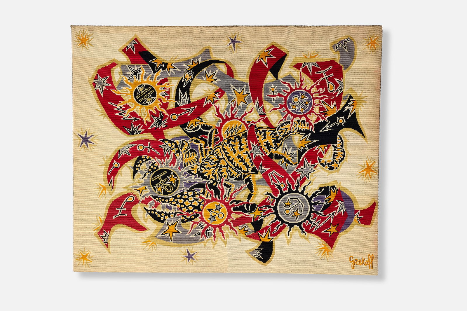 Elie Grekoff, 'Zodiac' Wall Hanging: ELIE GREKOFF (French, 1914-1985)'Zodiac' wall hanging, 1950sSilkscreened fabric. Made in France. Signed "Grekoff" in the weave and verso printed "SPADEM" and &quo