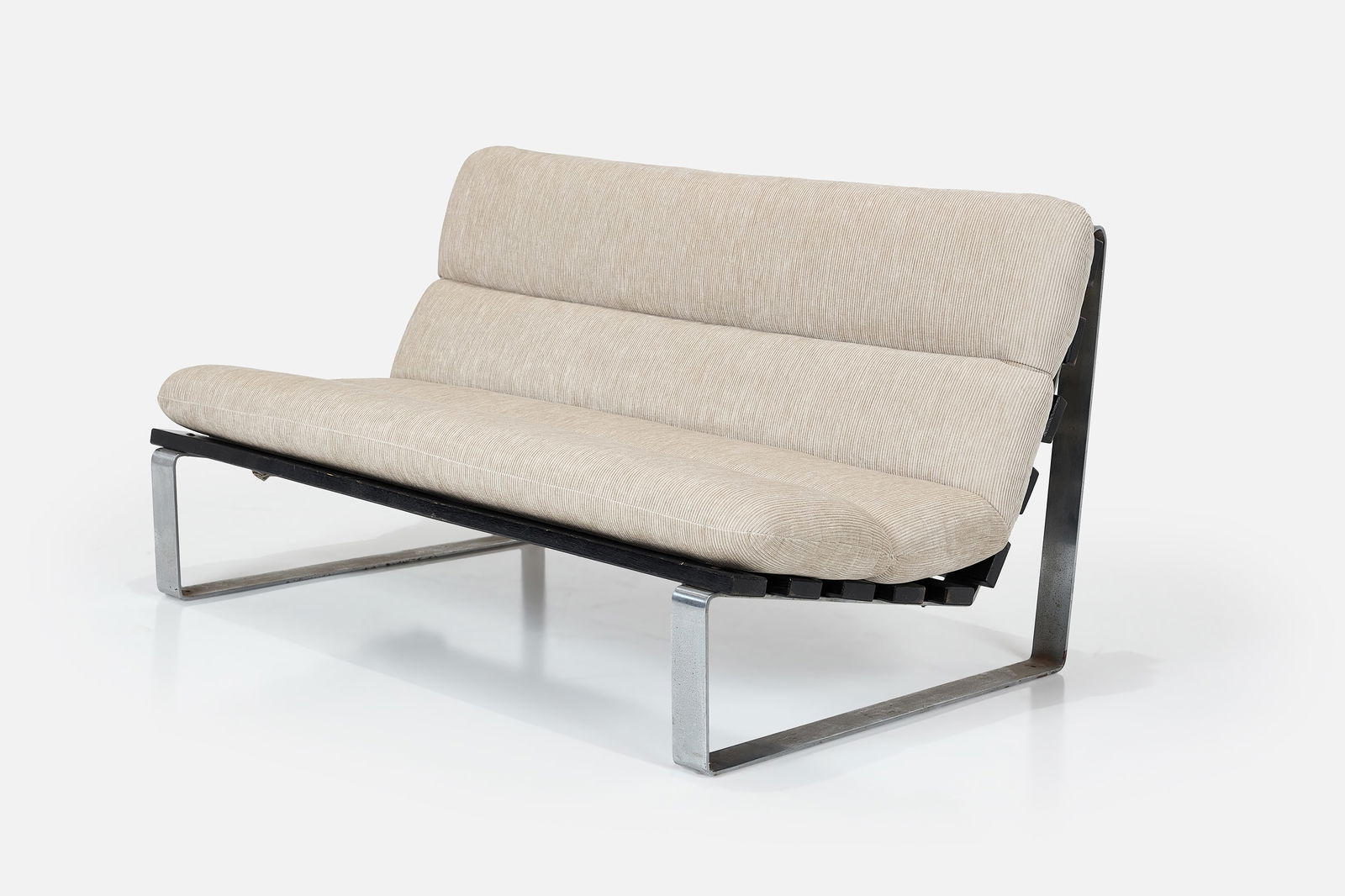 Kho Liang Le, Armless Loveseat: KHO LIANG LEArmless loveseat, model no. C680, 1968Stained wood, steel, fabric. Manufactured by Artifort, France. 28.5" H x 49.5" W x 32.5" DSeat height: 14.5"