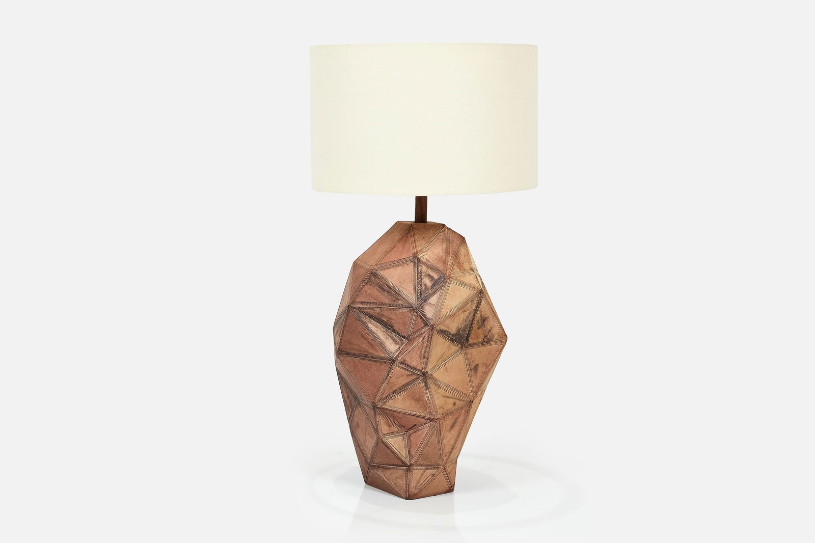 Gilles Caffier, Faceted Table Lamp: GILLES CAFFIERFaceted table lamp, 2018Leather, fabric, brass. Made in France. Underside with designer's brass plaque "GILLES CAFFIER/PARIS" and incised "2018 8/20". 
