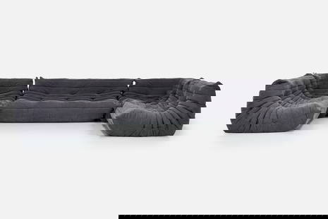 Michel Ducaroy, 'Togo' Sectional Sofa (5): MICHEL DUCAROY Five-part sectional sofa, 2012 Alcantara, foam. Manufactured by Ligne Roset, France. Each with fabric manufacturer's tag and branded decking. Three-seater: 26"
