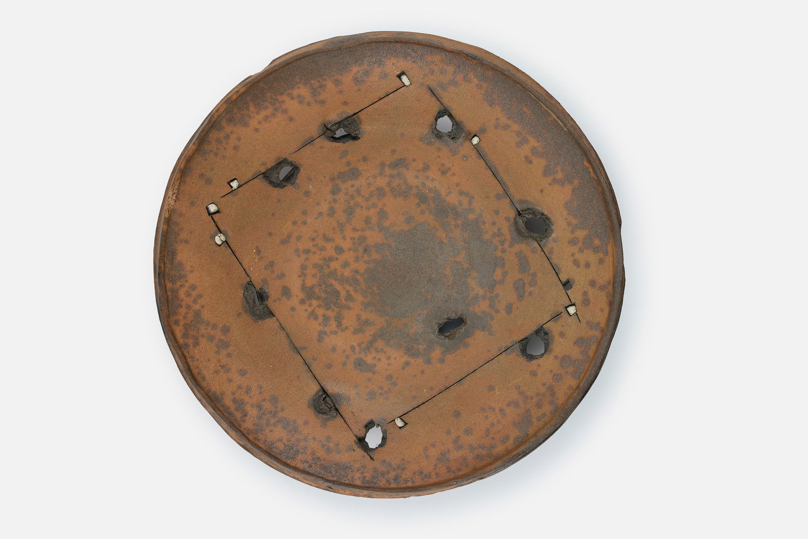 Peter Voulkos, Untitled Large Plate: PETER VOULKOSUntitled large plate, 1973Hand-built, gouged, and incised anagama-fired stoneware, porcelain pass-through.Painted signature "VOULKOS 73" to underside. 3.25" H x 19&q