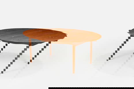 Finn Juhl, 'Judas' Dining Table: FINN JUHL 'Judas' dining table, ca. 1950 Teak, brass. Produced by Niels Vodder, Denmark. Underside with branded producer's mark and retailer's paper label. Together with two 21.5" leaves. 28.75" H x