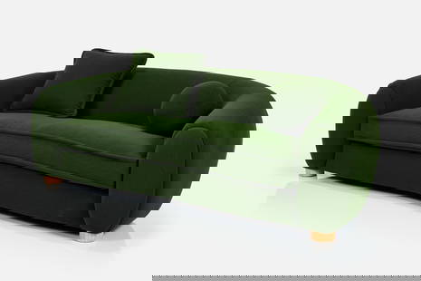 Jean Royere Style, 'Polar' Sofa: JEAN ROYERE STYLE 'Polar' sofa, 21st century. Fabric, oak. Custom-made, USA. 33.5" H x 104" W x 46" D Seat height: 19" 