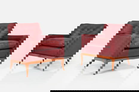 T. H. Robsjohn-Gibbings Style, Club Chairs (2): T.H. ROBSJOHN-GIBBINGS STYLEPair of club chairs, 1950sLeather, walnut.&nbsp; &nbsp; Each: 32&quot; H x 29&quot; W x 31&quot; DSeat height: 20.5&quot;
