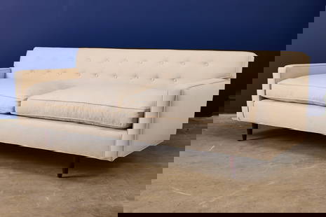 Finn Juhl, Sofa: FINN JUHLSofa, model no. 9316, 1950sLinen, walnut. Manufactured by Baker, USA. 30" H x 82" W x 32" DSeat height: 19"