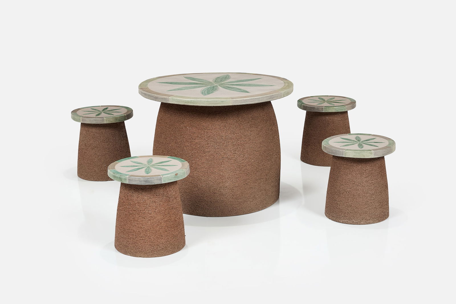 Stan Bitters, 'Mushroom' Table and Stools (5): STAN BITTERS'Mushroom' table and four stoolsPartially-glazed stoneware. Produced by Hans Sumpf, USA.Incised "HSC" inside the base of the table. Table: 20.5" H &