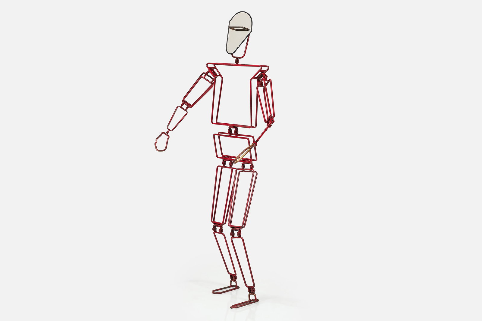Jack Hruska, Articulating Figural Hanger / Mirror: JACK HRUSKA Articulating figural hanger / mirror, ca. 1980 Painted metal, mirrored glass. 62" H x 24" W x 8" D 