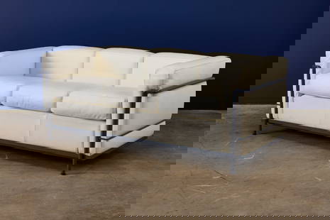 Le Corbusier, LC2 Sofa: LE CORBUSIERLC2 sofa, ca. 2015Leather, enameled steel. Manufactured by Cassina, Italy.Underside of cushions with manufacturer's branded decking and label; underside of right-facing arm impres