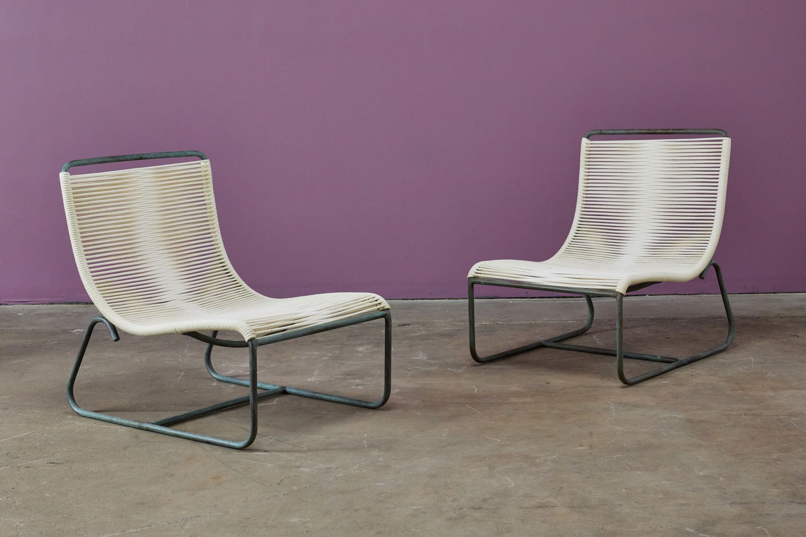 Walter Lamb, 'Sleigh' Lounge Chairs (2): WALTER LAMBPair of 'Sleigh' lounge chairs, model no. C-5720, 1950sTubular bronze, cotton rope. Manufactured by Brown Jordan, USA. Each: 29" H x 23" W x 30" DSe